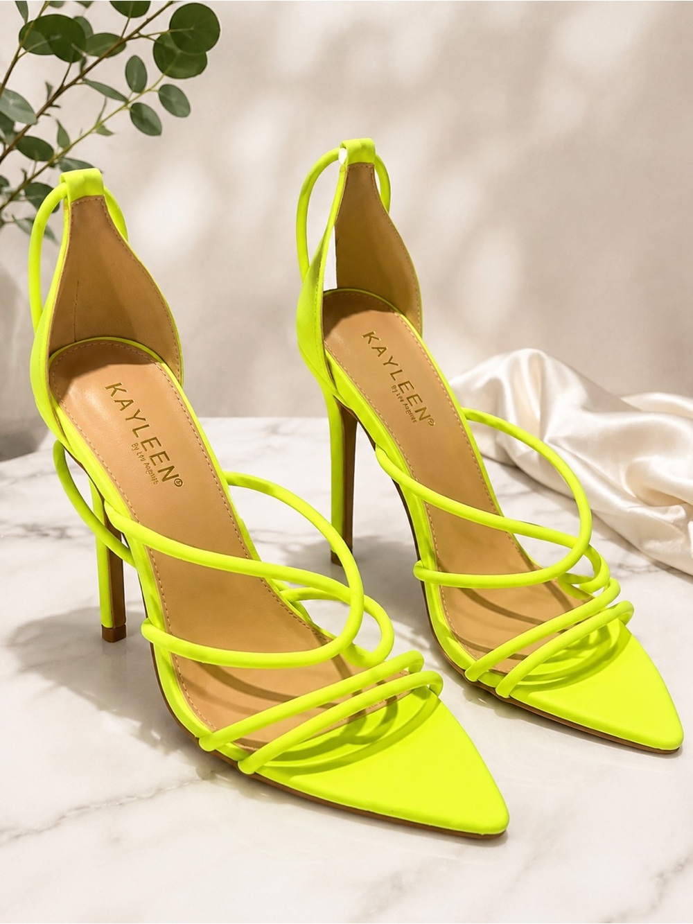KAYLEEN By Los Angeles Neon Lime Strappy Pointed Stiletto Heels